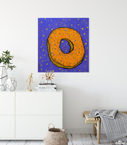 Whimsical painting of orange donut on purple background.