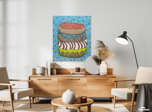 Painting of a stack of super happy doughnuts on a blue background
