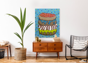 Painting of super happy doughnuts in a stack. Pictured inside a home.