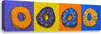 Painting of 4 super bright happy donuts, each decorated with frosting and sparkles