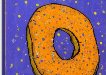 Whimsical orange donut painted on purple background