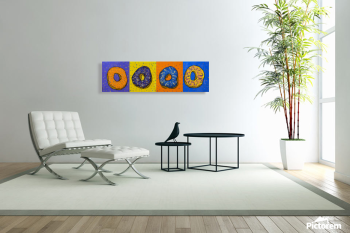 Painting of four vibrant doughnuts on a wall inside a home